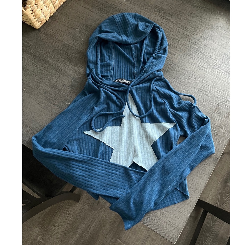 THE KRIPT Blue Ribbed Star Patch Cropped Hoodie Long Sleeve Festival Grunge M